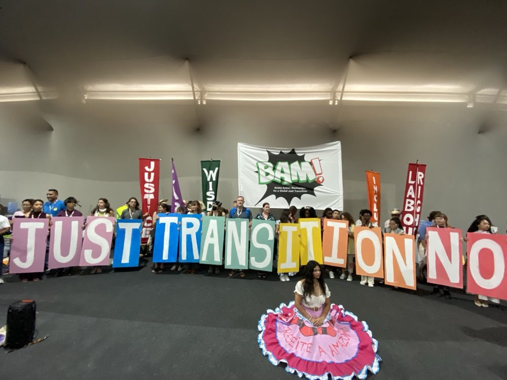 A group called the Belém Action Mechanism (BAM) holding up placards that read Just Transition Now and other banners on climate justice, within the premises of COP30